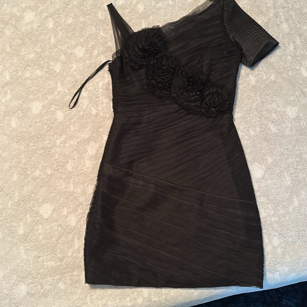 BCBGMaxAzria Black Asymmetrical Shoulder Dress with Floral Detail